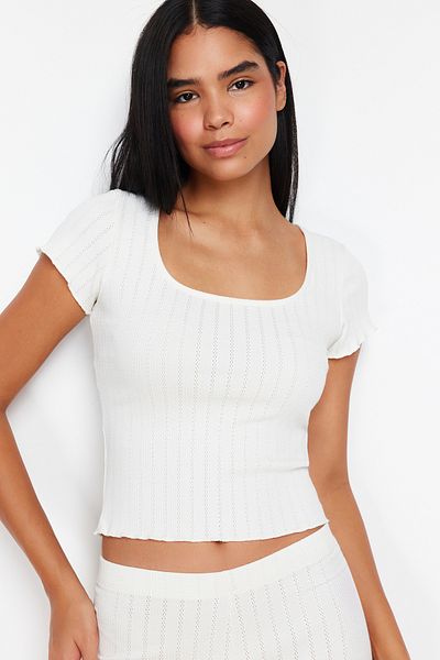 Trendyol Collection Ecru kabelová prolamovaná souprava pyžama THMSS24PT00154
