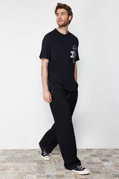 Trendyol Collection Κείμενο εμπριμέ μαύρο υπερμεγέθη βαμβακερό μπλουζάκι - TMNSS21TS3438