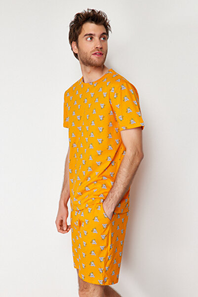 Trendyol Collection Koala nyomott narancssárga pamut normál szabású rövidnadrág pizsama szett - THMSS21PT1239