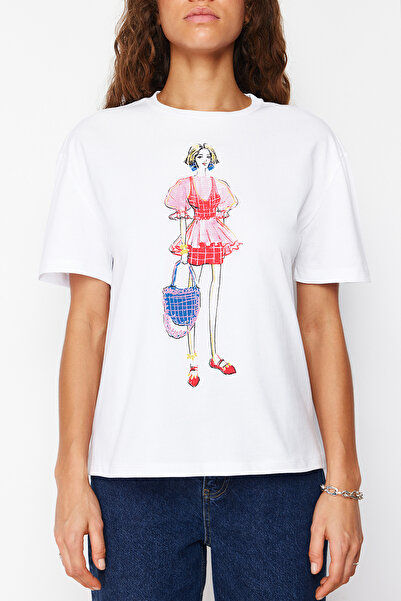 Trendyol Collection White 100% Thick Cotton Printed Relaxed/Casual Cut Knitted T-Shirt Twoss24Ts00054