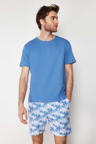Trendyol Collection Modrá sada pyžama Regular Fit s potiskem na dlani s šortkami THMSS21PT0331