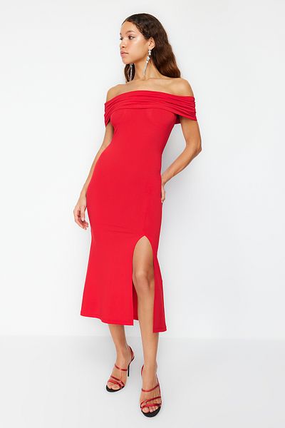 Trendyol Collection Red Body-Sitting Knitted Elegant Evening Dress TPRSS24EL00113