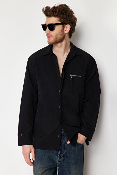 Trendyol Collection Černá parašutistická košile Relaxed Fit - detail na zip, TMNAW24GO00086