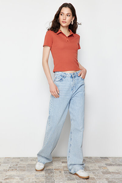 Trendyol Collection Cinnamon Polo Collar Buttoned Short Sleeve Stretchy Ribbed Knitted Blouse TWOSS24BZ00111