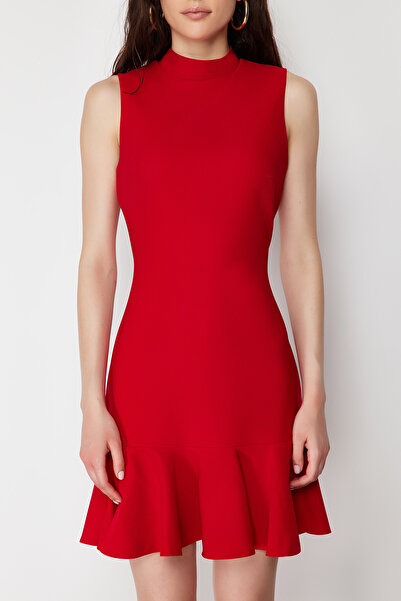 Trendyol Collection Piros testhezálló szoknya Flounce Stand gallérral Mini ujjatlan szőtt ruha TWOSS24EL00602