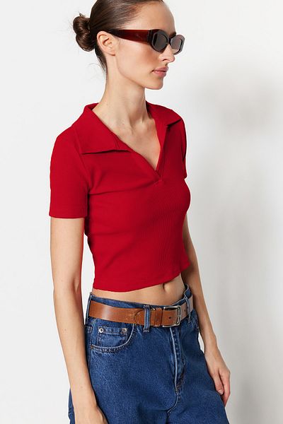 Trendyol Collection Red Stretchy Corded Polo Neck Crop Blouse - Twoss21Bz0038