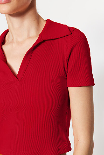 Trendyol Collection Piros rugalmas bordás póló nyakú Crop blúz - TWOSS21BZ0038