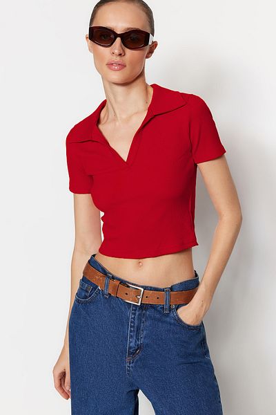 Trendyol Collection Red Stretchy Corded Polo Neck Crop Blouse - Twoss21Bz0038