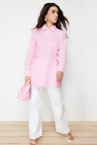 Trendyol Modest Ανοιχτό ροζ κεντημένο βαμβακερό πουκάμισο TCTSS24TG00004