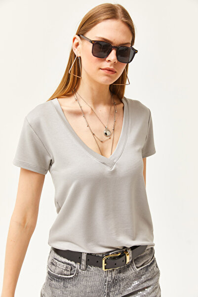 Olalook Dámské tričko Dolphin Grey s modálním výstřihem a hlubokým výstřihem do V TSH-19000773