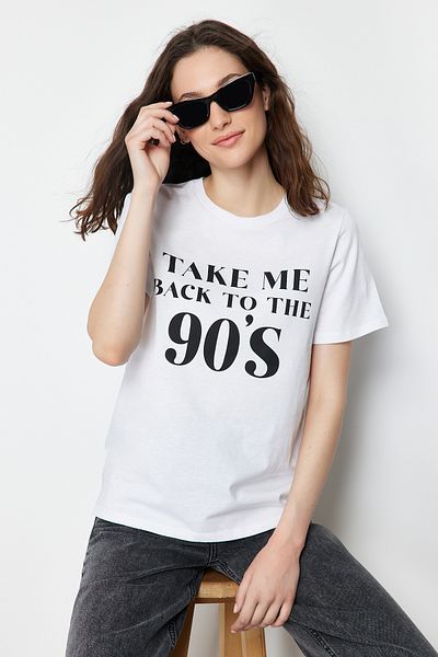 Trendyol Collection White 100% Cotton Premium Crew Neck Printed Regular/Regular Fit Knitted T-Shirt TWOSS24TS00078
