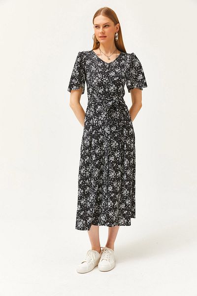 Olalook Schwarzes Daisy-Strickkleid mit V-Ausschnitt, Gürtel und Knöpfen für Damen ELB-19002048
