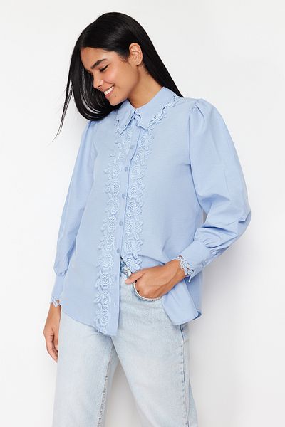 Trendyol Modest Cămașă din bumbac cu broderie din dantelă albastră TCTSS24TG00022