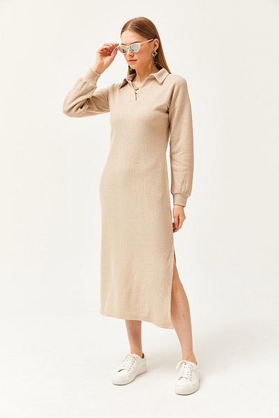 Olalook Women's Stone Polo Neck Slit Ribbed Midi Dress ELB-19002050