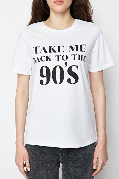 Trendyol Collection White 100% Thick Cotton Premium Crew Neck Printed Regular Fit Knitted T-Shirt Twoss24Ts00078