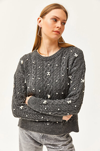 Olalook Kadın Füme Saç Örgülü İnci Detaylı Yumuşak Dokulu Triko Kazak KZK-19000803
