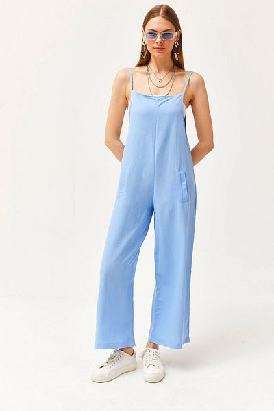 Olalook Himmelblauer Jumpsuit mit Trägern und Taschen für Damen, locker fallend, TLM-19000098
