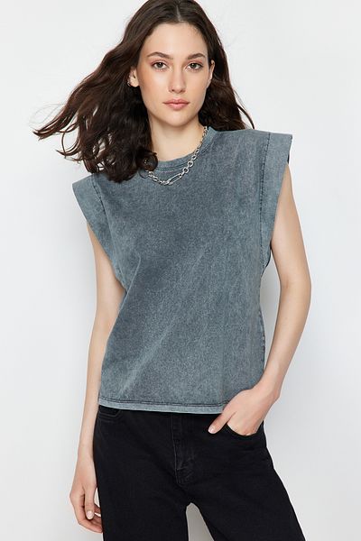 Trendyol Collection Antracit*001 Efekt vyblednutí 100% bavlněná vata Vzhled Základní posádka Výstřih Pletené tričko TWOSS20TS0021