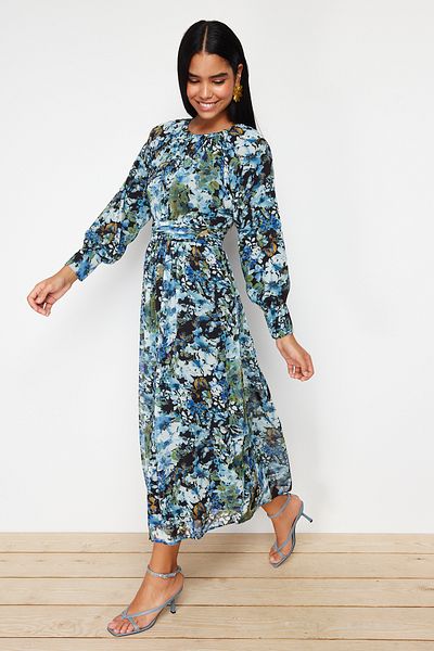 Trendyol Modest Detailně tkané šaty s černým modrým květinovým páskem TCTSS24EB00045