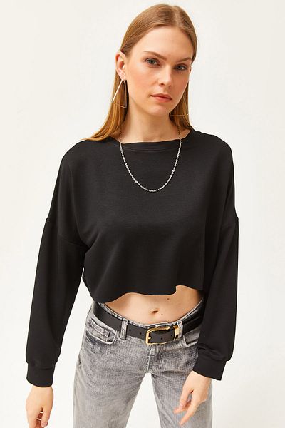 Olalook Women's Black Modal Soft Textured Bat Crop T-Shirt TSH-19000776