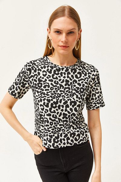 Olalook Dámské leopardí bílé pletené tričko se šňůrkou TSH-19000328