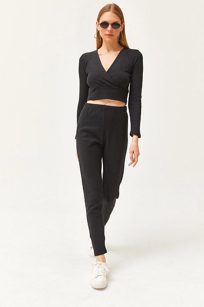 Olalook Damen Zweireiher Bluse mit Kapuze und Unterteil in Schwarz TKM-19000261