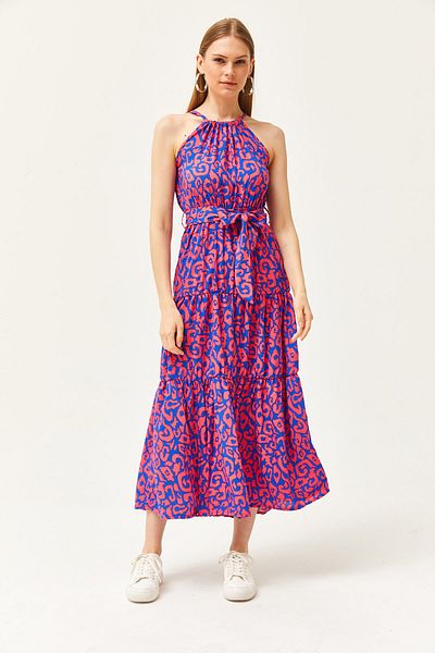 Olalook Ethnisches Fuchsia Saks Neckholder-Kleid aus gewebter Viskose mit Gürtel für Damen ELB-19001548