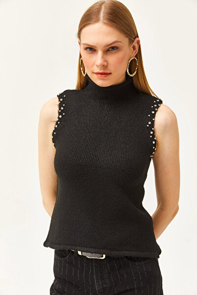 Olalook Kadın Siyah Dik Yaka Taş Detaylı Yumuşak Dokulu Triko Kazak KZK-19000804