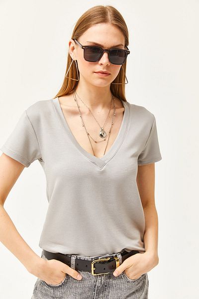 Olalook Dámské tričko Dolphin Grey s modálním výstřihem a hlubokým výstřihem do V TSH-19000773