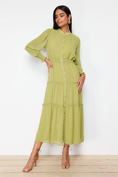 Trendyol Modest Gefüttertes, gewebtes Chiffon-Hemdkleid mit grünen Ärmeln und Gipe-Detail an der Taille TCTSS24EB00046
