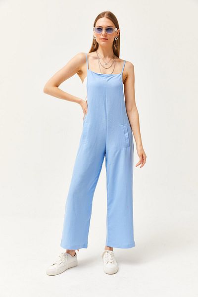 Olalook Himmelblauer Jumpsuit mit Trägern und Taschen für Damen, locker fallend, TLM-19000098