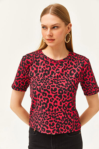 Olalook Kadın Leopar Fuşya Fitilli Crop Örme Tişört TSH-19000328