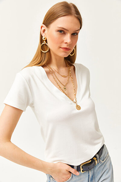 Olalook Kadın Ekru Derin V Yaka Modal Tuşeli Tişört TSH-19000773