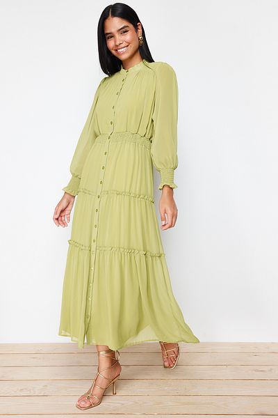 Trendyol Modest Gefüttertes, gewebtes Chiffon-Hemdkleid mit grünen Ärmeln und Gipe-Detail an der Taille TCTSS24EB00046