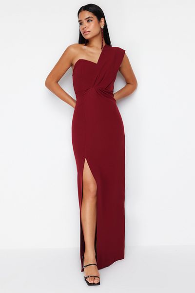 Trendyol Collection Burgundowa, ozdobna, tkana, elegancka sukienka wieczorowa na studniówkę TPRSS21AE0185