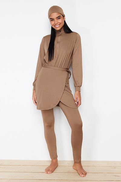 Trendyol Modest Mink Gather Λεπτομερή σετ μαγιό 4 τεμαχίων με καλυμμένα ρούχα παραλίας TCTSS24CF00001