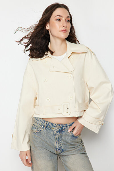 Trendyol Collection Ecru Fitted Belted Crop Trench Coat TWOSS24TR00023