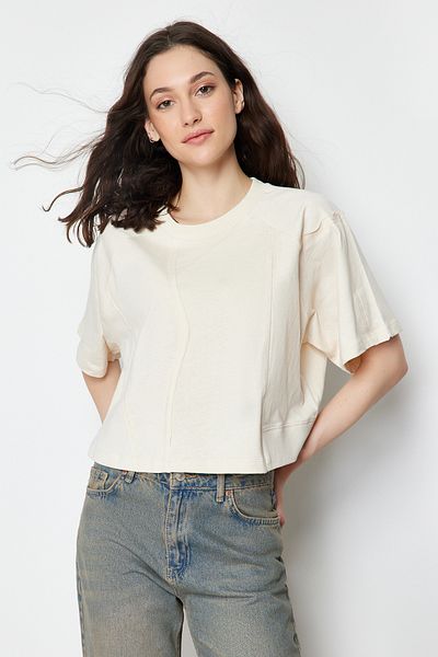 Trendyol Collection Kámen 100% bavlna Střih Detailní Uvolněné pletené tričko TWOSS24TS00025