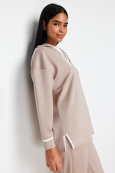 Trendyol Modest Detailní potápěčský/potápěčský pletený oblek s proužkem Stone Hooded Stripe TCTSS24US00038