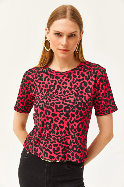 Olalook Kadın Leopar Fuşya Fitilli Crop Örme Tişört TSH-19000328