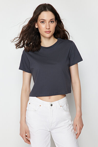 Trendyol Collection Antracit-narancssárga 2 csomagos 100% pamut Crop Crew nyakú kötött póló TWOSS20TS1480