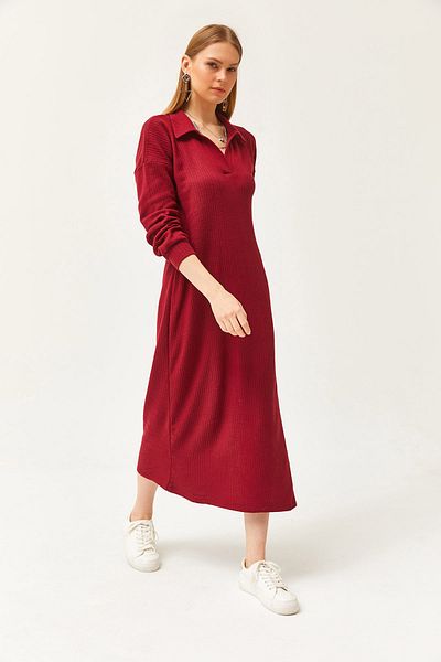 Olalook Rochie midi de damă, burgundă, cu decolteu polo, cu crestătură în coaste, ELB-19002050