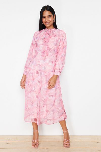 Trendyol Modest Pink Lined Floral Patterned Belted Woven Dress TCTSS24EB00075