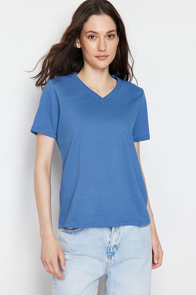 Trendyol Collection Бяло-индиго 100% памук 2 пакета Regular/Normal Fit Основна плетена тениска с V-образно деколте TWOSS23TS00002