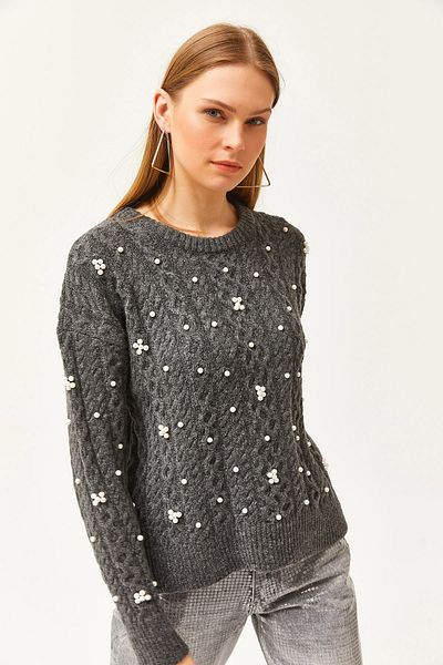 Olalook Damenpullover aus geräuchertem Haar mit geflochtenen Perlendetails und weicher Textur KZK-19000803