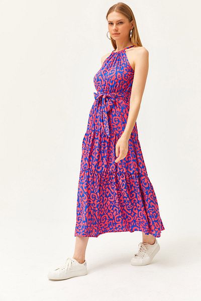 Olalook Ethnisches Fuchsia Saks Neckholder-Kleid aus gewebter Viskose mit Gürtel für Damen ELB-19001548