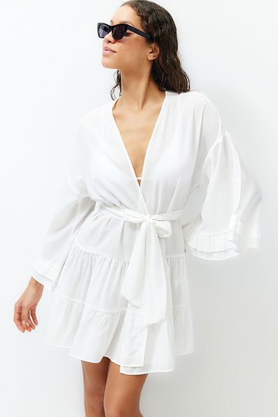 Trendyol Collection White Belted Mini Woven Ruffled Beach Kimono&Kaftan Tbess24Km00032