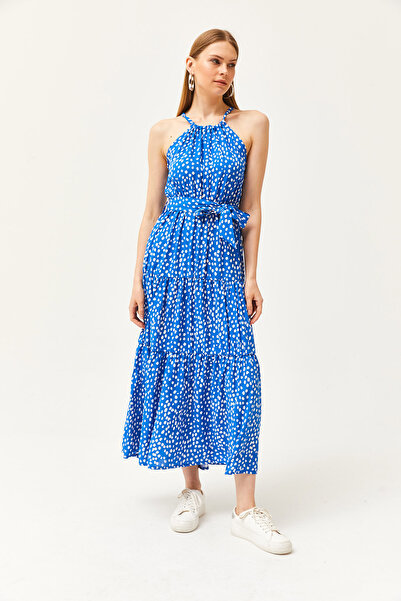 Olalook Női pöttyös Saks kék kötőfék nyakú, öves, szőtt viszkóz ruha ELB-19001548