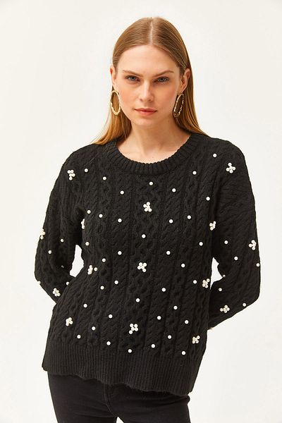 Olalook Pulover din tricotaje cu textura moale pentru femei, împletit cu păr negru KZK-19000803