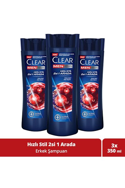 Clear Fast Style Men's Shampoo - Effective Against Dandruff, 2 in 1, 350 ml X 3
